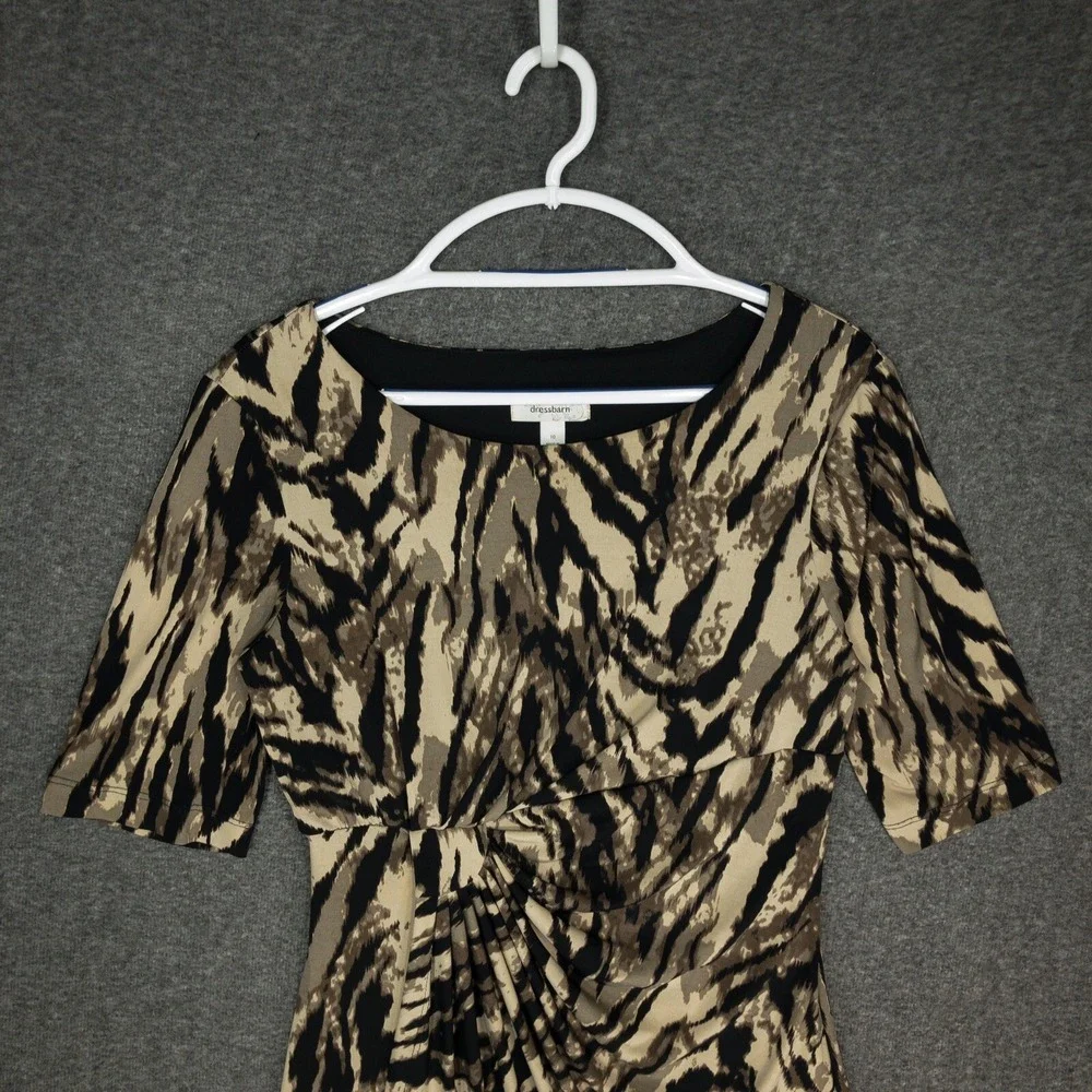 Dressbarn Tiger Print Faux Wrap Dress Women's 10 Half Sleeve Knee Length Rouched